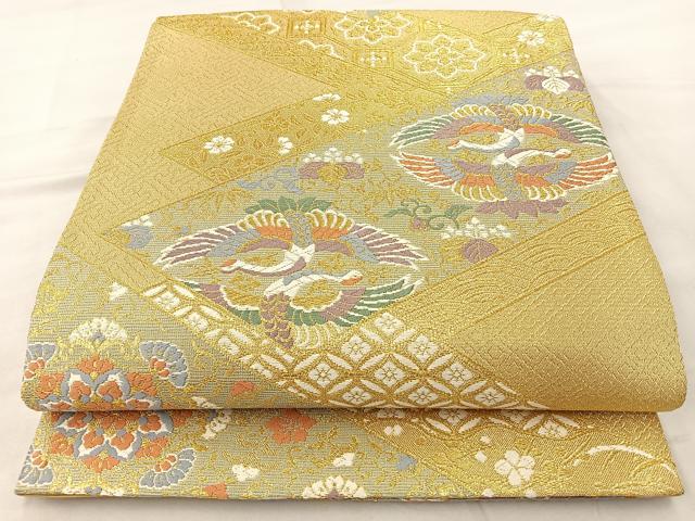 平和屋着物◎六通柄袋帯 唐織 双鶴花文 金糸 正絹 逸品 BAAT6989ph