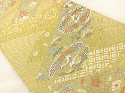 平和屋着物◎六通柄袋帯 唐織 双鶴花文 金糸 正絹 逸品 BAAT6989ph