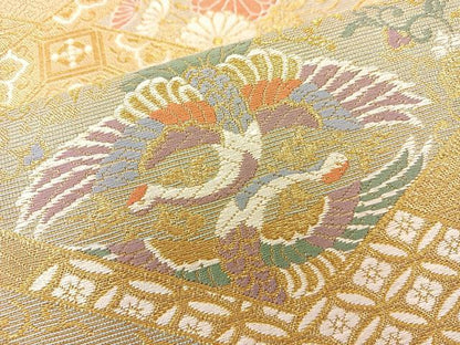 平和屋着物◎六通柄袋帯 唐織 双鶴花文 金糸 正絹 逸品 BAAT6989ph