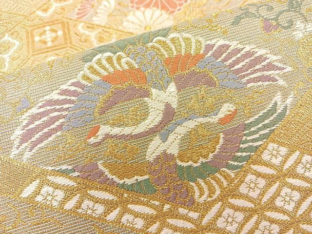 平和屋着物◎六通柄袋帯 唐織 双鶴花文 金糸 正絹 逸品 BAAT6989ph