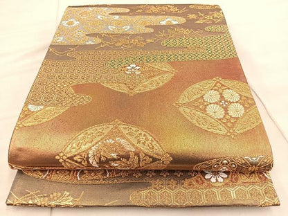 平和屋着物◎六通柄袋帯　唐織　七宝花文　金糸　正絹　逸品　BAAT7072ph