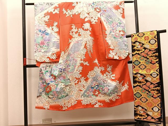 平和屋着物[]七五三　女の子　７歳　祝着　四つ身　袋帯セット　作家物　花鳥文　銀彩　逸品　BAAT7247mz