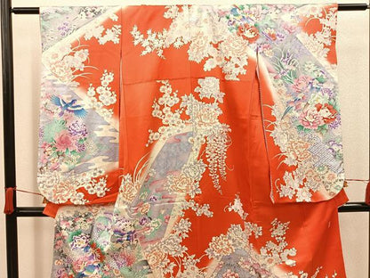 平和屋着物[]七五三　女の子　７歳　祝着　四つ身　袋帯セット　作家物　花鳥文　銀彩　逸品　BAAT7247mz