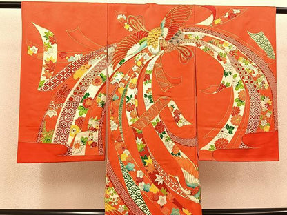 平和屋着物[]お宮参り　女の子　祝着　産着　初着　のしめ　長襦袢セット　駒刺繍　束ね熨斗飛鶴花文　金彩　逸品　BAAT7250mz
