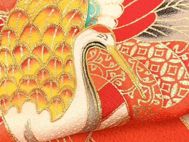平和屋着物[]お宮参り　女の子　祝着　産着　初着　のしめ　長襦袢セット　駒刺繍　束ね熨斗飛鶴花文　金彩　逸品　BAAT7250mz