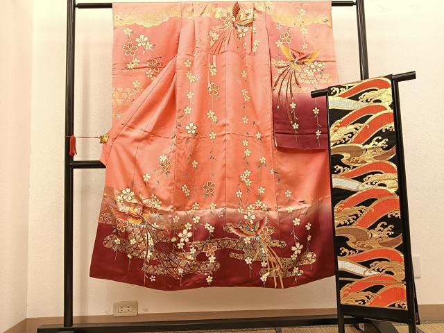 平和屋着物[]七五三　女の子　７歳　祝着　四つ身　袋帯セット　駒刺繍　鳳凰花文　暈し染め　金彩　逸品　BAAT7255mz