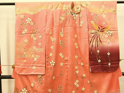 平和屋着物[]七五三　女の子　７歳　祝着　四つ身　袋帯セット　駒刺繍　鳳凰花文　暈し染め　金彩　逸品　BAAT7255mz