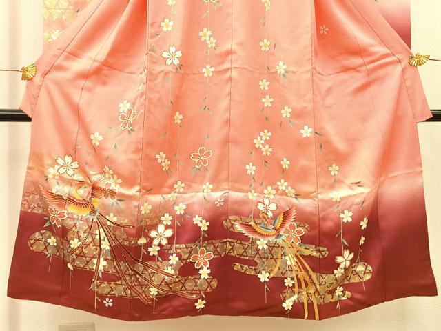 平和屋着物[]七五三　女の子　７歳　祝着　四つ身　袋帯セット　駒刺繍　鳳凰花文　暈し染め　金彩　逸品　BAAT7255mz