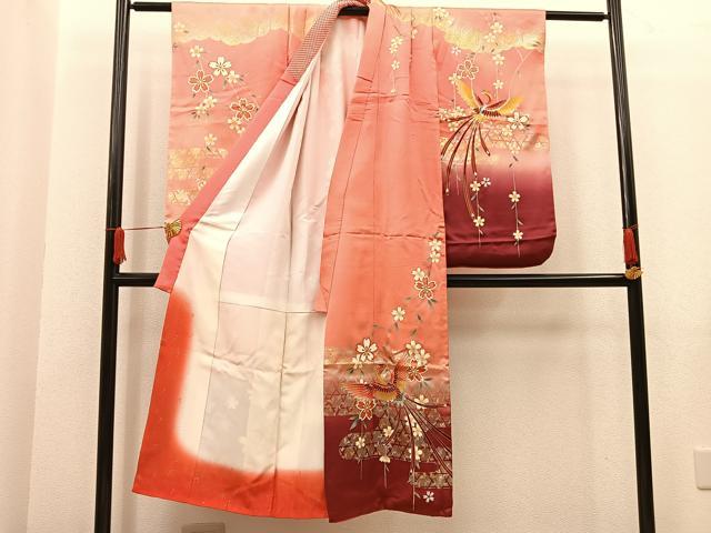 平和屋着物[]七五三　女の子　７歳　祝着　四つ身　袋帯セット　駒刺繍　鳳凰花文　暈し染め　金彩　逸品　BAAT7255mz