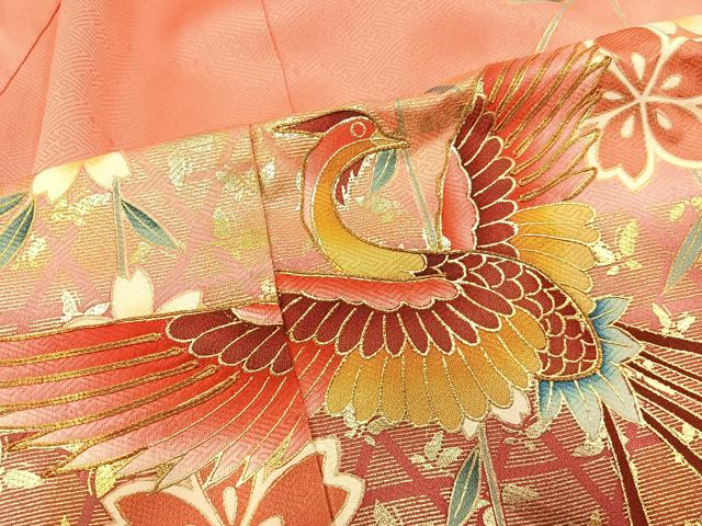 平和屋着物[]七五三　女の子　７歳　祝着　四つ身　袋帯セット　駒刺繍　鳳凰花文　暈し染め　金彩　逸品　BAAT7255mz