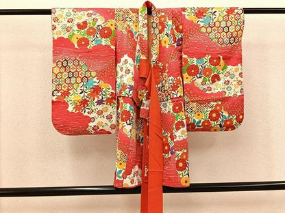 平和屋着物[]七五三　女の子　３歳　祝着　三つ身　被布セット　草花文　金彩　逸品　BAAT7268mz