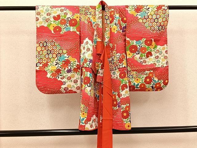 平和屋着物[]七五三　女の子　３歳　祝着　三つ身　被布セット　草花文　金彩　逸品　BAAT7268mz