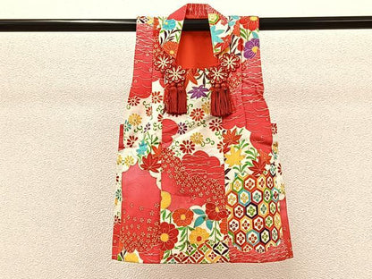 平和屋着物[]七五三　女の子　３歳　祝着　三つ身　被布セット　草花文　金彩　逸品　BAAT7268mz