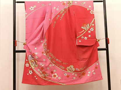 平和屋着物[]七五三　女の子　７歳　祝着　四つ身　花蝶文　金彩　逸品　BAAT7303mz