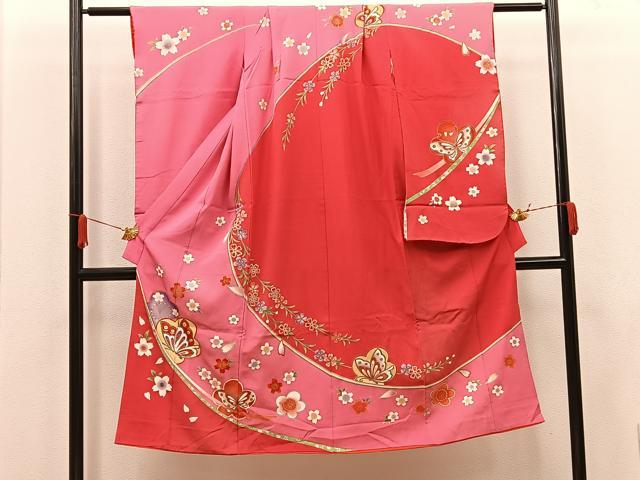 平和屋着物[]七五三　女の子　７歳　祝着　四つ身　花蝶文　金彩　逸品　BAAT7303mz