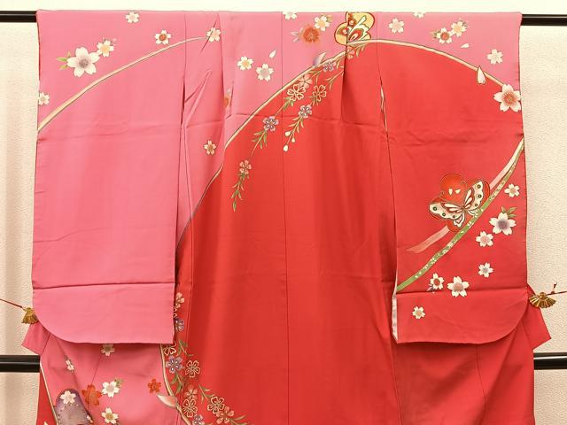 平和屋着物[]七五三　女の子　７歳　祝着　四つ身　花蝶文　金彩　逸品　BAAT7303mz