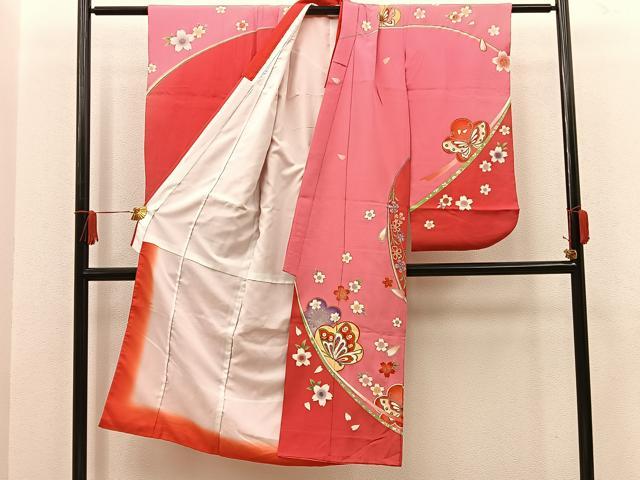 平和屋着物[]七五三　女の子　７歳　祝着　四つ身　花蝶文　金彩　逸品　BAAT7303mz