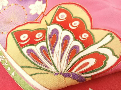 平和屋着物[]七五三　女の子　７歳　祝着　四つ身　花蝶文　金彩　逸品　BAAT7303mz