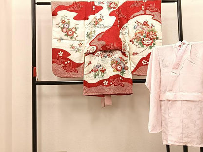 平和屋着物[]七五三　女の子　３歳　祝着　三つ身　長襦袢セット　鼓花文　逸品　BAAT7323mz