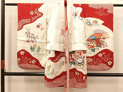平和屋着物[]七五三　女の子　３歳　祝着　三つ身　長襦袢セット　鼓花文　逸品　BAAT7323mz