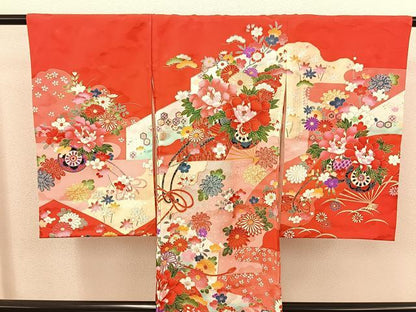 平和屋着物[]七五三　女の子　３歳　祝着　三つ身　長襦袢セット　花車文　金彩　逸品　BAAT7325mz