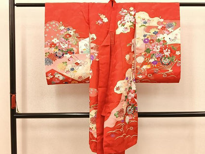 平和屋着物[]七五三　女の子　３歳　祝着　三つ身　長襦袢セット　花車文　金彩　逸品　BAAT7325mz