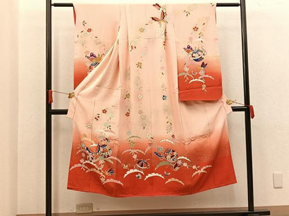 平和屋着物[]七五三　女の子　７歳　祝着　四つ身　手毬花蝶文　金彩　逸品　BAAT7332mz