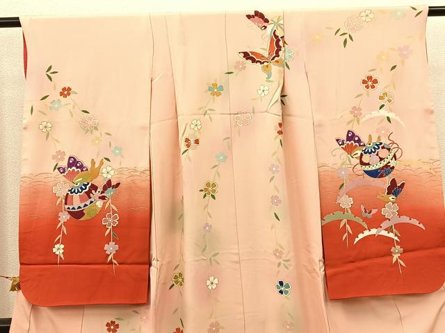 平和屋着物[]七五三　女の子　７歳　祝着　四つ身　手毬花蝶文　金彩　逸品　BAAT7332mz
