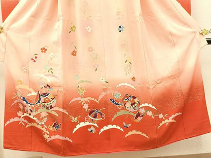 平和屋着物[]七五三　女の子　７歳　祝着　四つ身　手毬花蝶文　金彩　逸品　BAAT7332mz