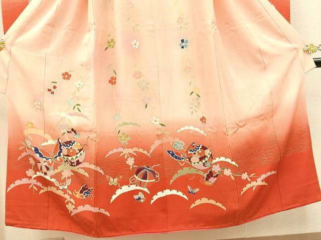 平和屋着物[]七五三　女の子　７歳　祝着　四つ身　手毬花蝶文　金彩　逸品　BAAT7332mz