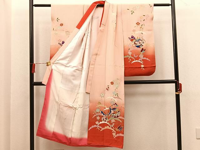 平和屋着物[]七五三　女の子　７歳　祝着　四つ身　手毬花蝶文　金彩　逸品　BAAT7332mz