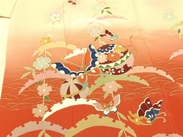 平和屋着物[]七五三　女の子　７歳　祝着　四つ身　手毬花蝶文　金彩　逸品　BAAT7332mz