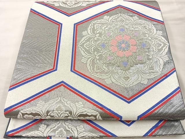 平和屋着物◎六通柄袋帯 唐織 亀甲花文 銀糸 正絹 逸品 BAAT7340mz