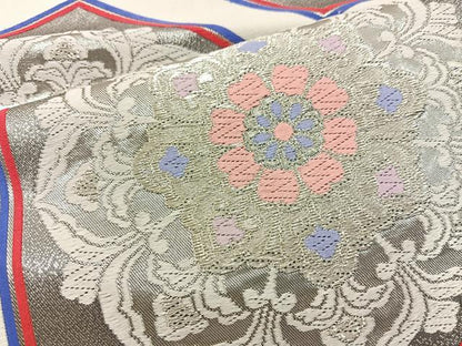 平和屋着物◎六通柄袋帯 唐織 亀甲花文 銀糸 正絹 逸品 BAAT7340mz
