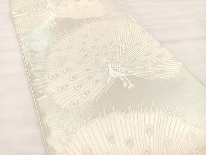 平和屋着物◎六通柄袋帯 唐織 孔雀 銀糸 正絹 逸品 BAAT7371mz