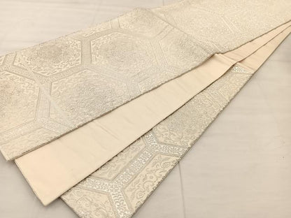 平和屋着物◎六通柄袋帯 亀甲花文 銀糸 正絹 逸品 BAAT7397mz