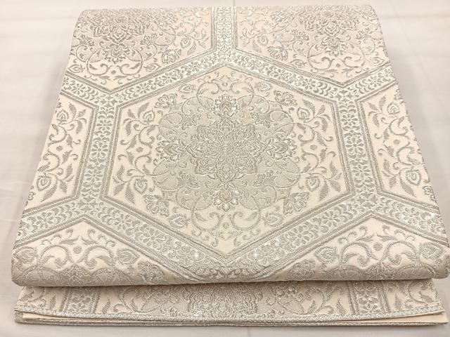 平和屋着物◎六通柄袋帯 亀甲花文 銀糸 正絹 逸品 BAAT7397mz