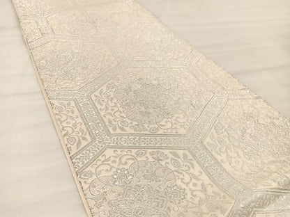 平和屋着物◎六通柄袋帯 亀甲花文 銀糸 正絹 逸品 BAAT7397mz