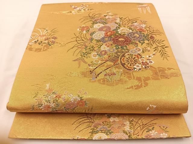 平和屋着物◎六通柄袋帯 絢燗花車文 金糸 正絹 逸品 BAAT7604ow