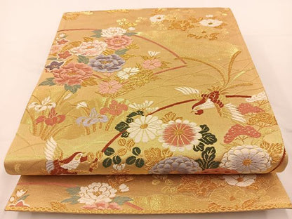 平和屋着物◎六通柄袋帯 唐織 地紙花鳥文 金糸 正絹 逸品 BAAT7605ow
