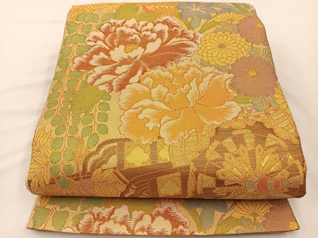平和屋着物◎佐賀錦 六通柄袋帯 花車文 金糸 正絹 逸品 BAAT7607ow