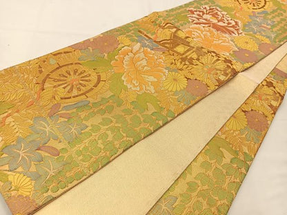 平和屋着物◎佐賀錦 六通柄袋帯 花車文 金糸 正絹 逸品 BAAT7607ow