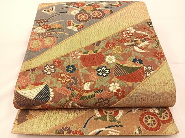 平和屋着物◎六通柄袋帯　唐織　ふくれ織　花蝶文　金糸　正絹　逸品　BAAT7610ow