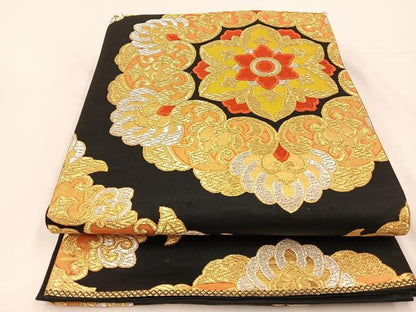 平和屋着物◎六通柄袋帯 唐織 正倉院花文 黒地 金銀糸 正絹 逸品 BAAT7614ow