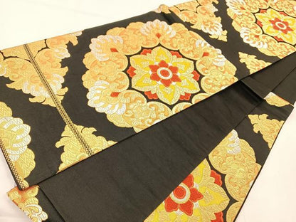 平和屋着物◎六通柄袋帯 唐織 正倉院花文 黒地 金銀糸 正絹 逸品 BAAT7614ow