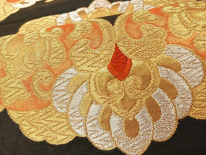 平和屋着物◎六通柄袋帯 唐織 正倉院花文 黒地 金銀糸 正絹 逸品 BAAT7614ow