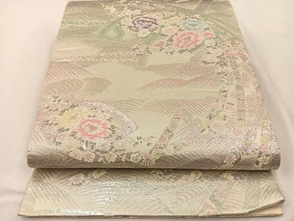 平和屋着物◎六通柄袋帯 唐織 扇面花文 銀糸 正絹 逸品 BAAT7615ow