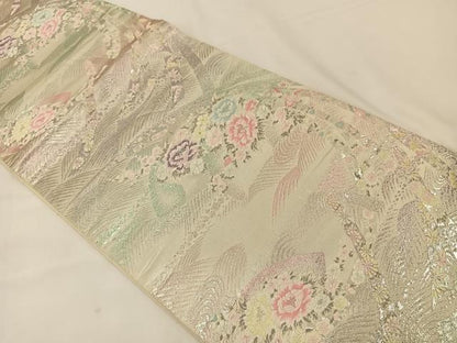 平和屋着物◎六通柄袋帯 唐織 扇面花文 銀糸 正絹 逸品 BAAT7615ow