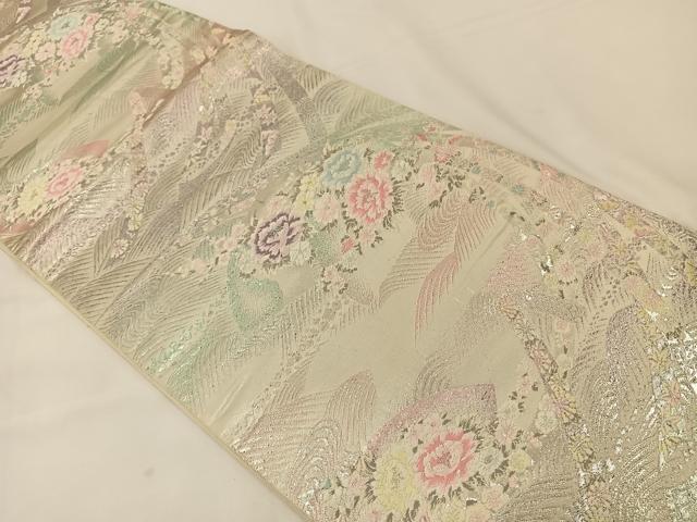 平和屋着物◎六通柄袋帯 唐織 扇面花文 銀糸 正絹 逸品 BAAT7615ow