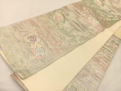 平和屋着物◎六通柄袋帯 唐織 扇面花文 銀糸 正絹 逸品 BAAT7615ow
